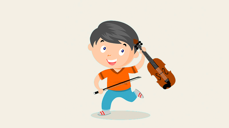 Illustration of a young student carrying a violin and bow